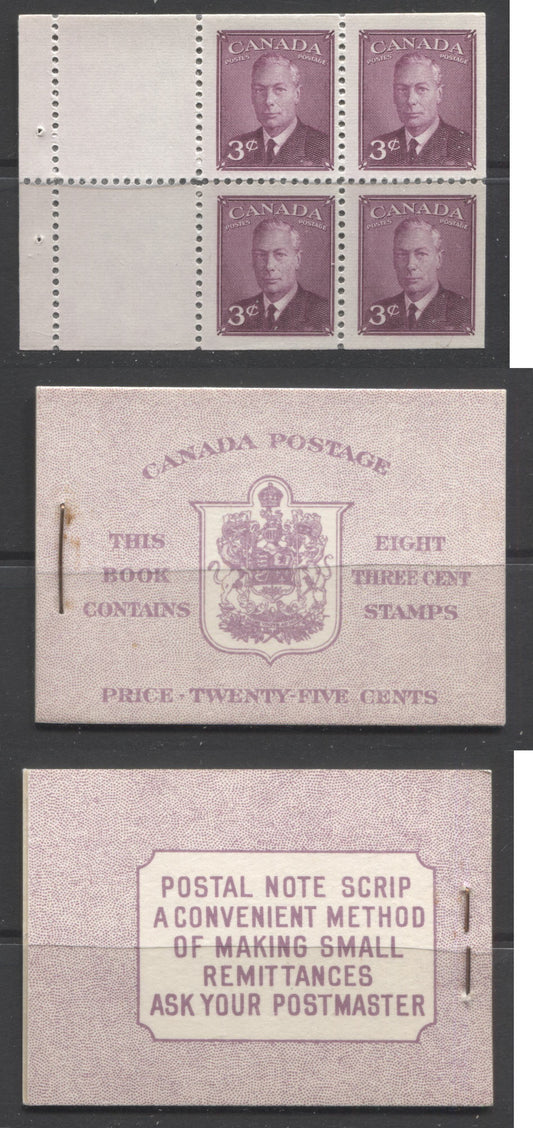Lot 14 Canada #BK40a 1949-1953 Postes-Postage Issue Complete 25c English, Booklet Containing 2 Panes of the 3c Rose-Purple King George VI, Harris Front Cover Type IIf, Back Cover Caii, 7c & 5c Rate Page