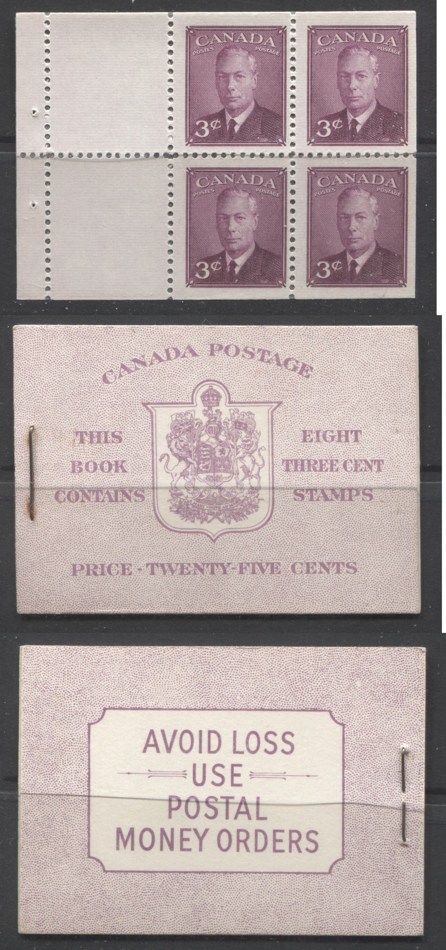 Canada #BK40b 1949-1953 Postes-Postage Issue Complete 25c English, Booklet Containing 2 Panes of the 3c Rose-Purple King George VI, Harris Front Cover Type IIe, Back Cover Eiii, No Rate Page Brixton Chrome 