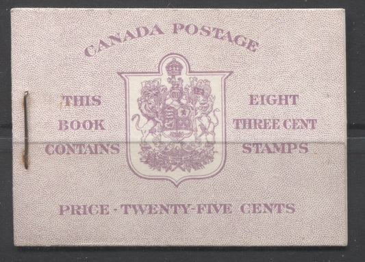 Lot 95 Canada #BK40b 1949-1953 Postes-Postage Issue Complete 25c English, Booklet Containing 2 Panes of the 3c Rose-Purple King George VI, Harris Front Cover Type IIe, Back Cover Eiii, No Rate Page