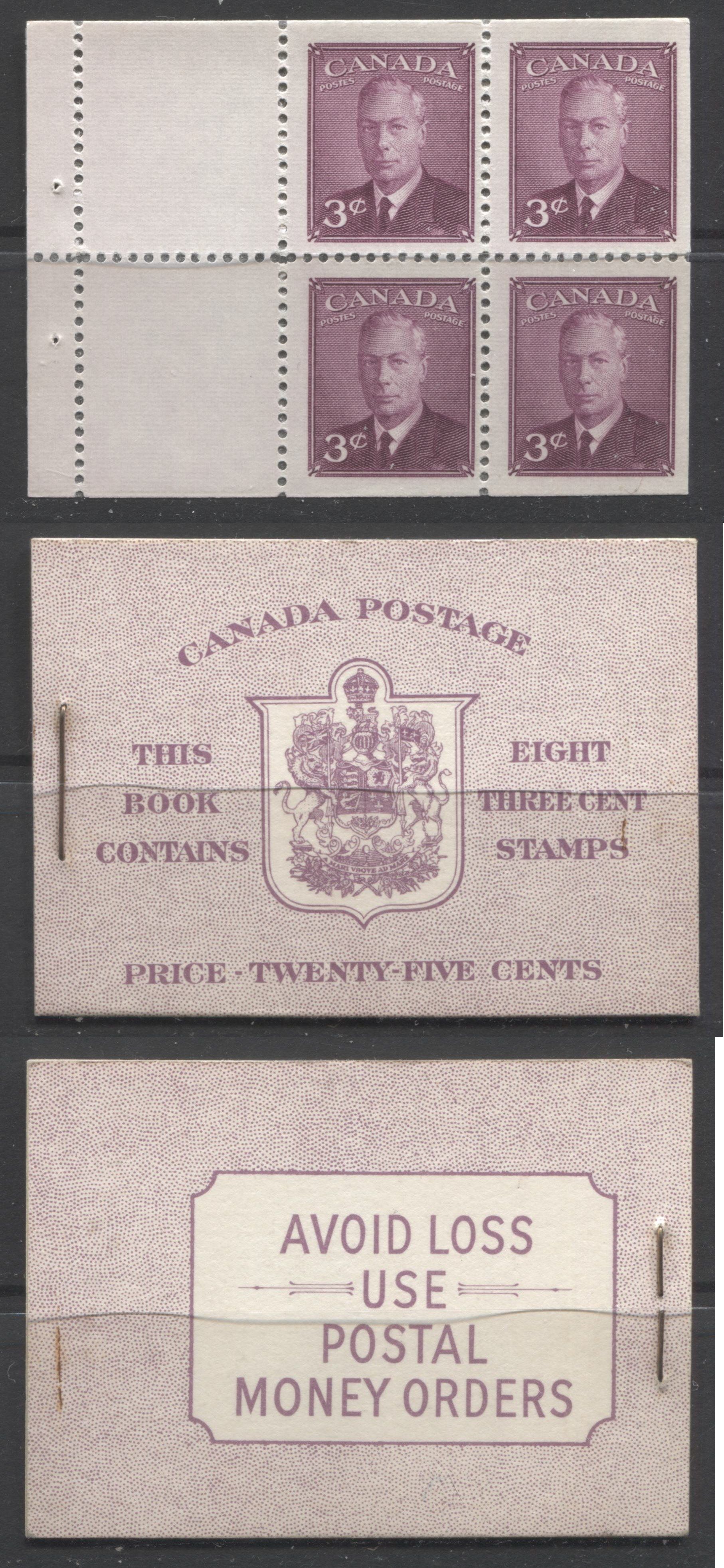 Canada #BK40b 1949-1953 Postes-Postage Issue Complete 25c English, Booklet Containing 2 Panes of the 3c Rose-Purple King George VI, Harris Front Cover Type IIe, Back Cover Eiv, No Rate Page Brixton Chrome 