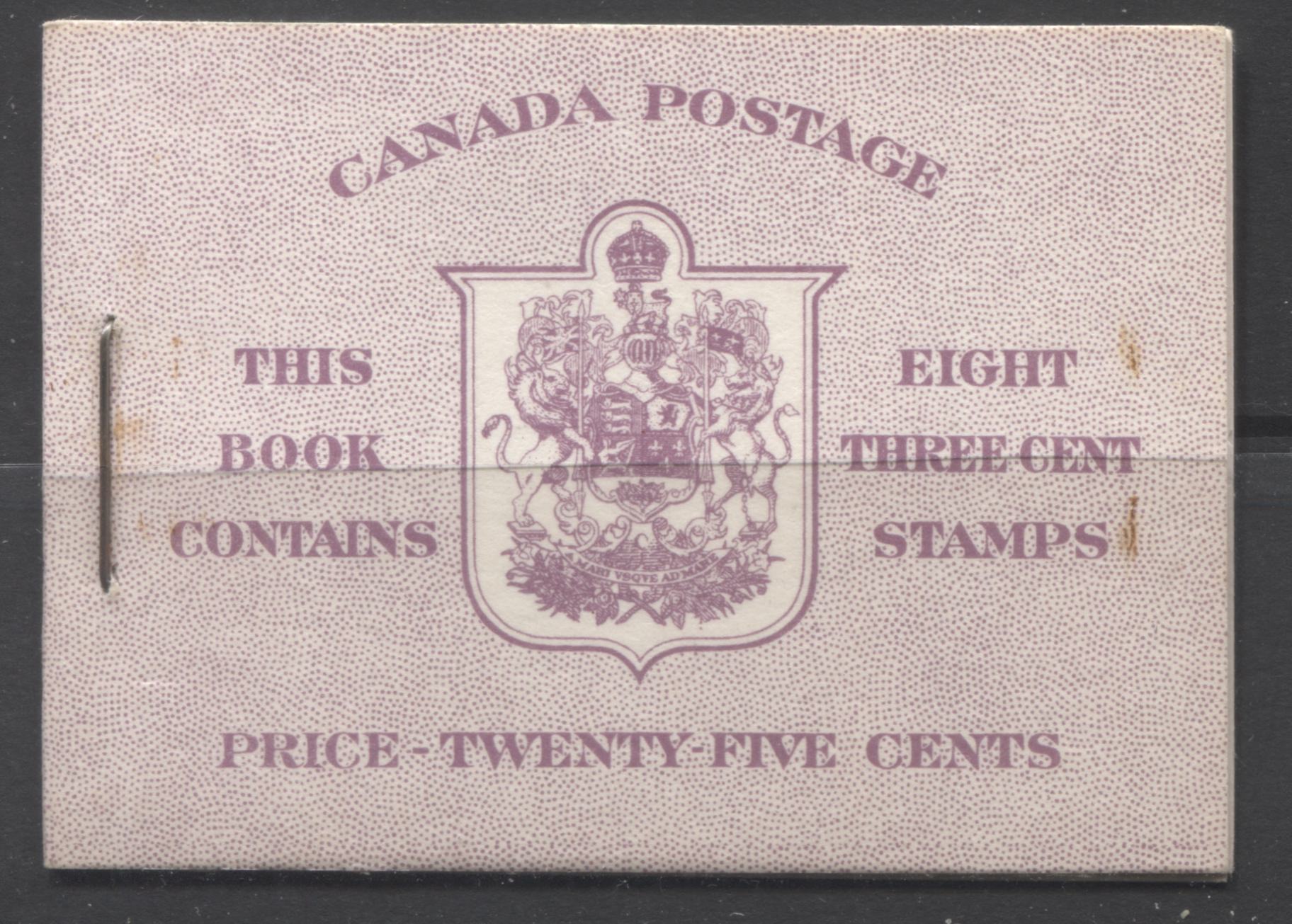 Canada #BK40b 1949-1953 Postes-Postage Issue Complete 25c English, Booklet Containing 2 Panes of the 3c Rose-Purple King George VI, Harris Front Cover Type IIf, Back Cover Eiii, No Rate Page Brixton Chrome 