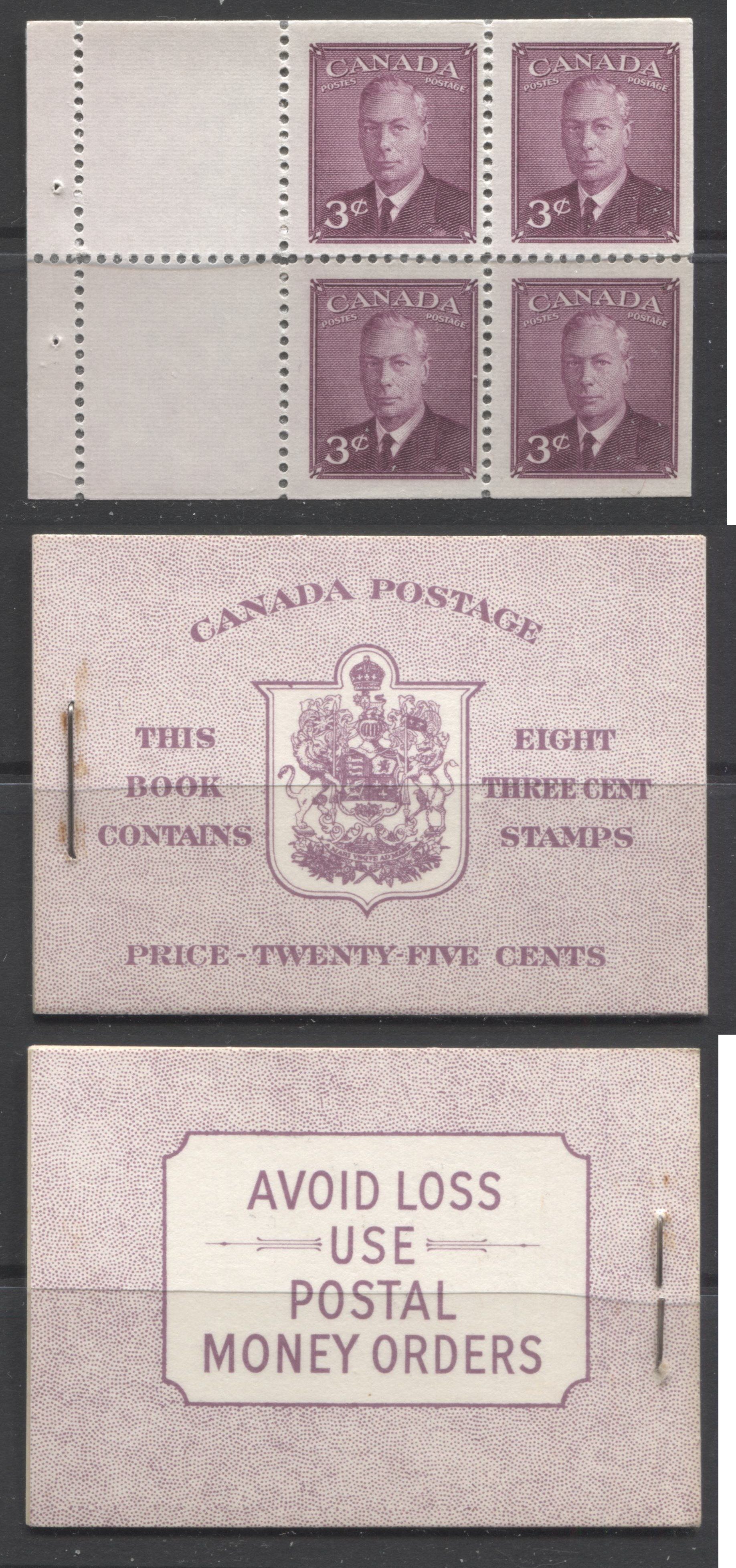 Canada #BK40b 1949-1953 Postes-Postage Issue Complete 25c English, Booklet Containing 2 Panes of the 3c Rose-Purple King George VI, Harris Front Cover Type IIf, Back Cover Eiv, No Rate Page Brixton Chrome 