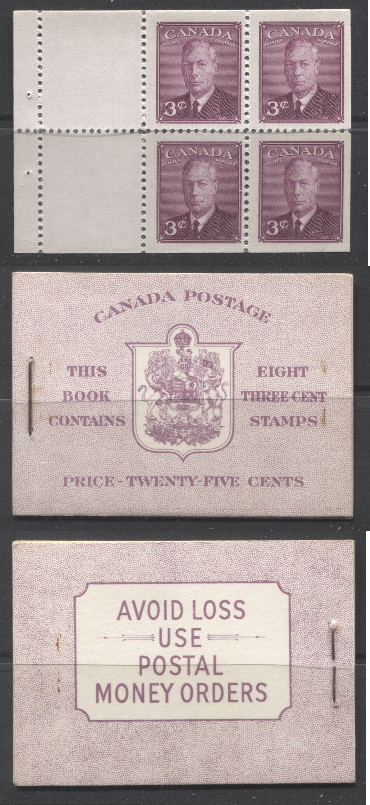 Canada #BK40b 1949-1953 Postes-Postage Issue Complete 25c English, Booklet Containing 2 Panes of the 3c Rose-Purple King George VI, Harris Front Cover Type IIf, Back Cover Eiii, No Rate Page Brixton Chrome 