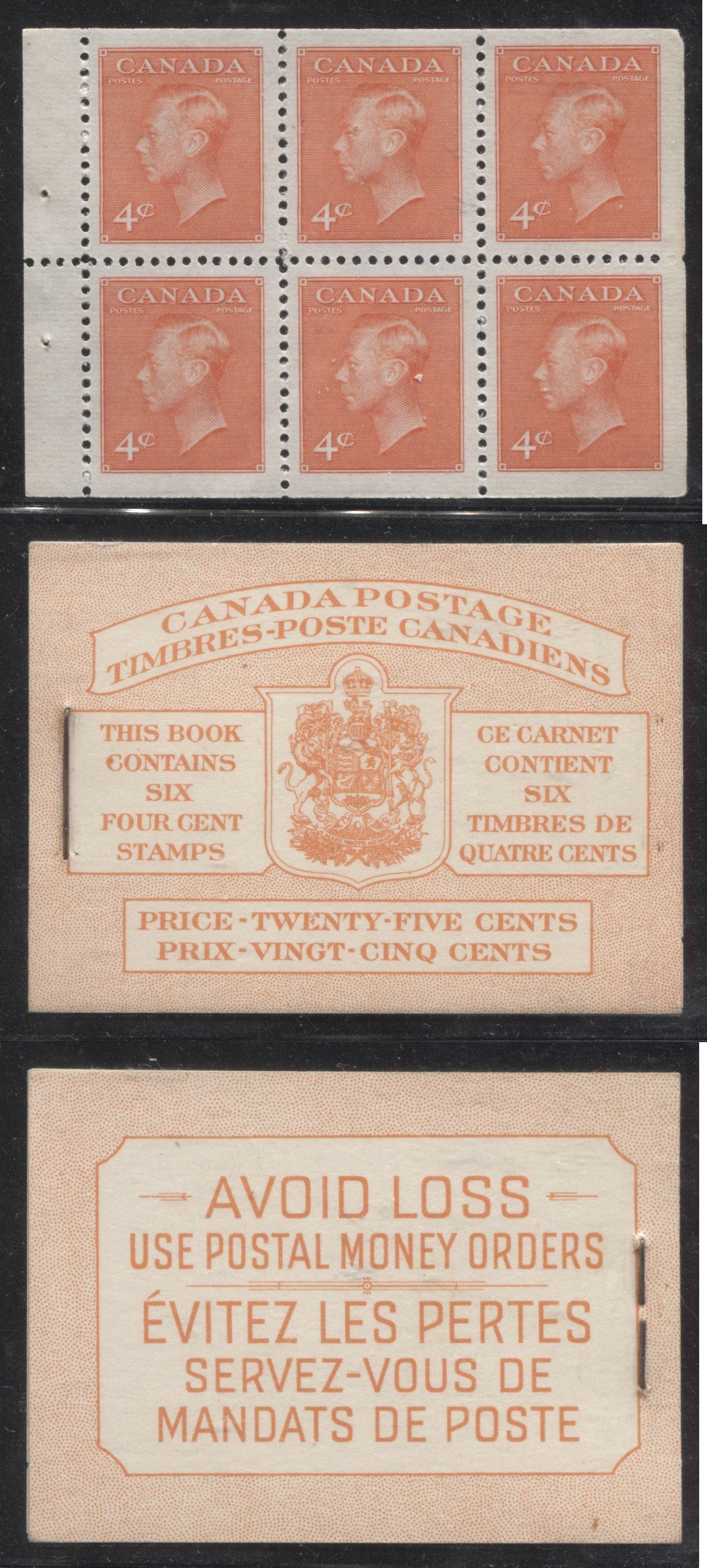 Canada #BK42a 1949-1953 Postes-Postage Issue Complete 25c, Bilingual Booklet Containing 1 Pane of 6 of the 4c Orange King George VI Harris Front Cover Type IIIf , Back Cover Gii, No Rate Page Brixton Chrome 