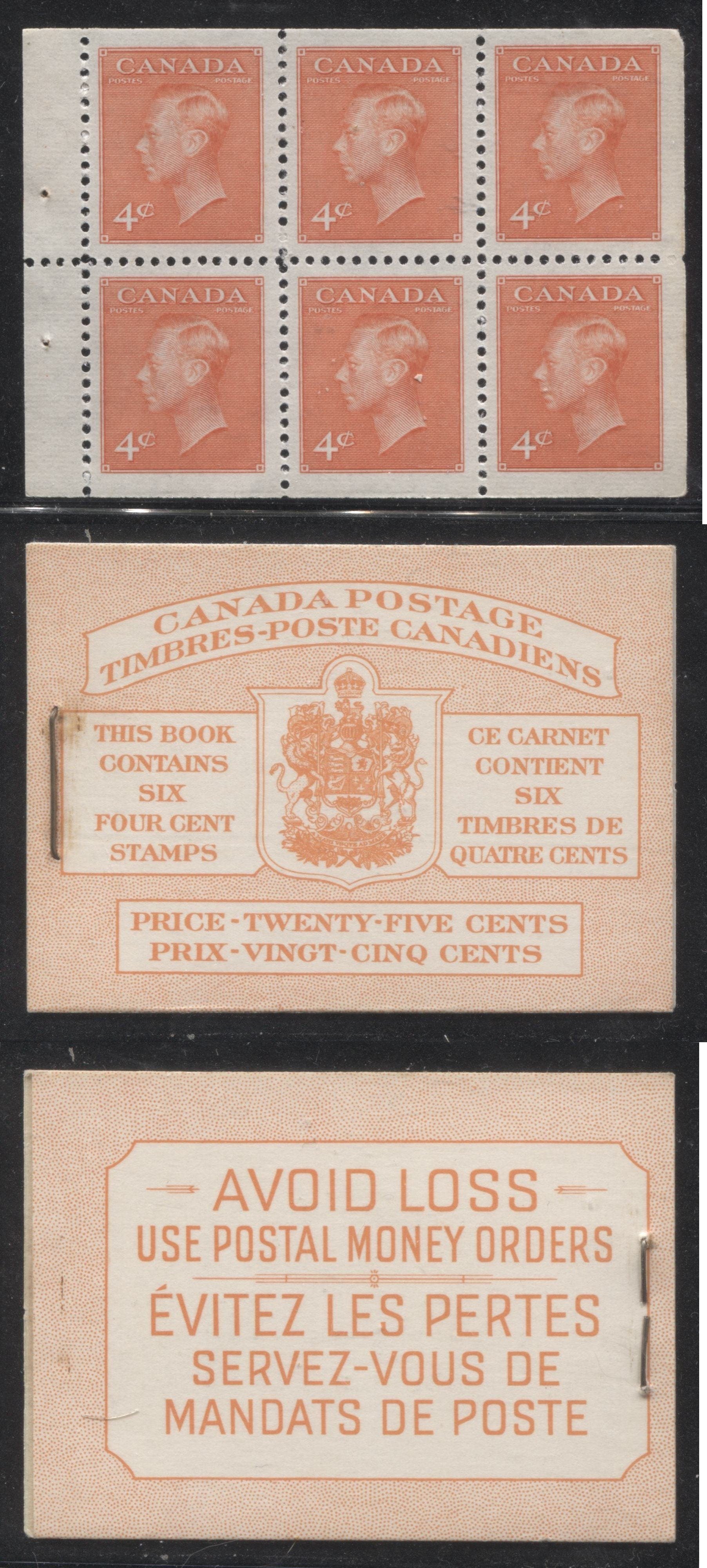 Canada #BK42a 1949-1953 Postes-Postage Issue Complete 25c, Bilingual Booklet Containing 1 Pane of 6 of the 4c Orange King George VI Harris Front Cover Type IIIf , Back Cover Gi, No Rate Page Brixton Chrome 