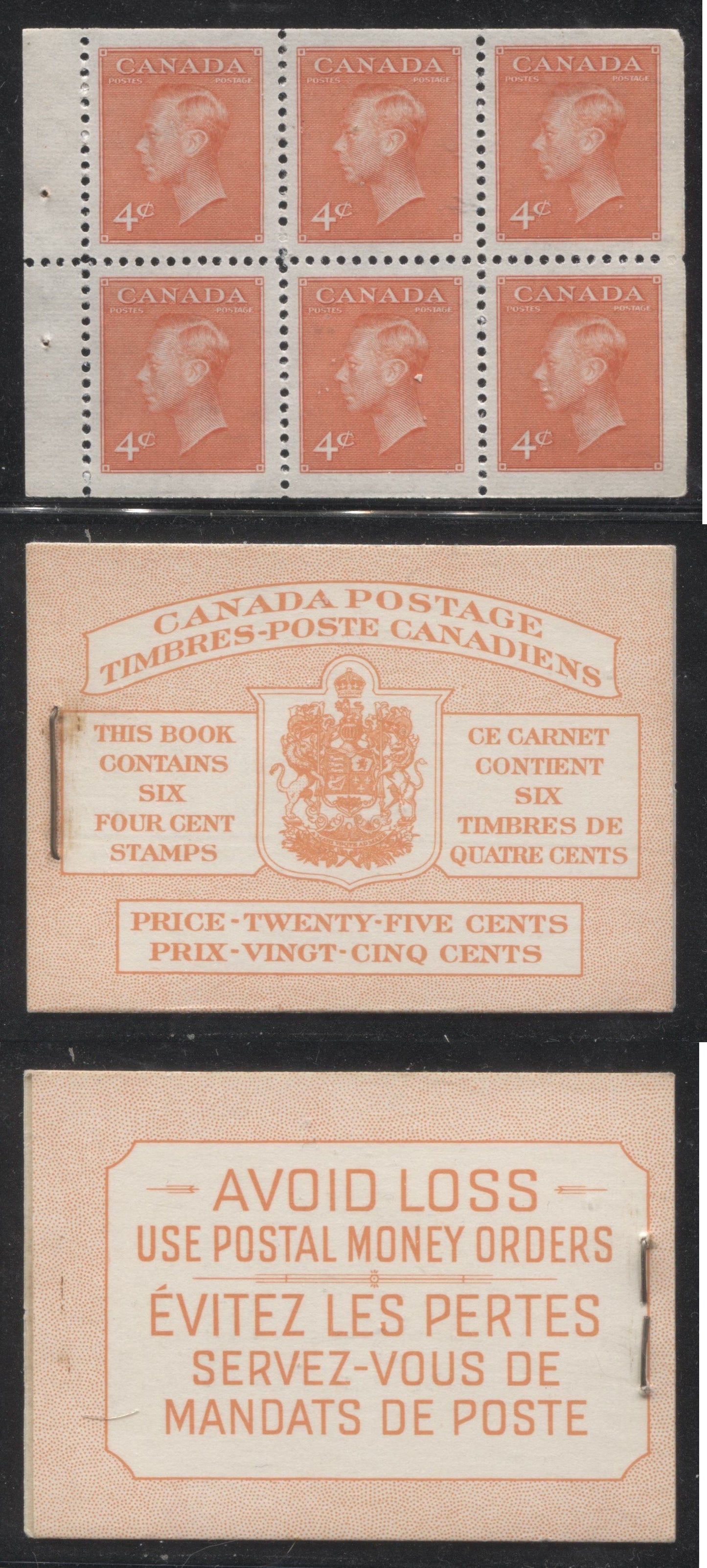 Canada #BK42a 1949-1953 Postes-Postage Issue Complete 25c, Bilingual Booklet Containing 1 Pane of 6 of the 4c Orange King George VI Harris Front Cover Type IIIf , Back Cover Gi, No Rate Page Brixton Chrome 