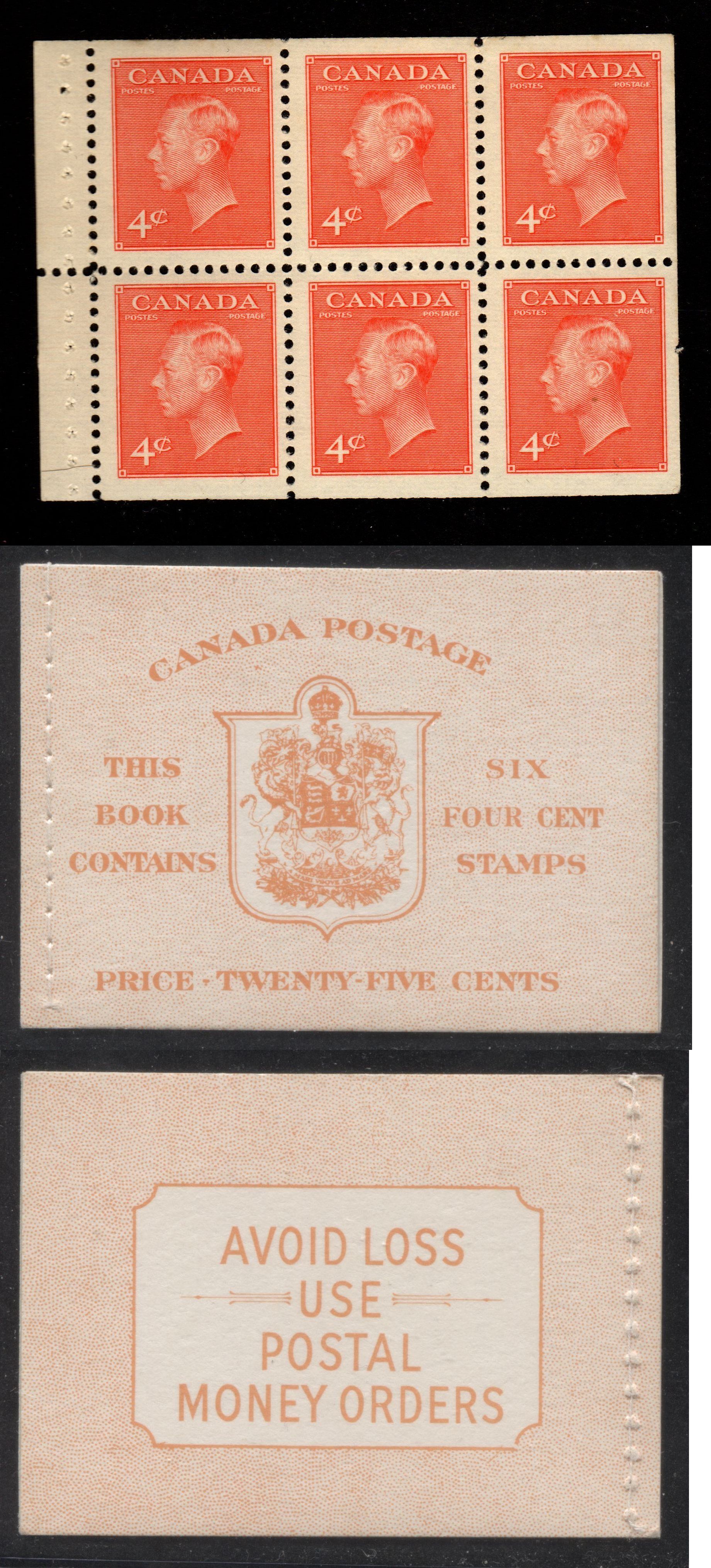 Canada #BK42b 1949-1953 Postes-Postage Issue Complete 25c, English Booklet Containing 1 Pane of 6 of the 4c Orange King George VI Harris Front Cover Type IIi , Back Cover Ei, No Rate Page, Stitched Binding Brixton Chrome 