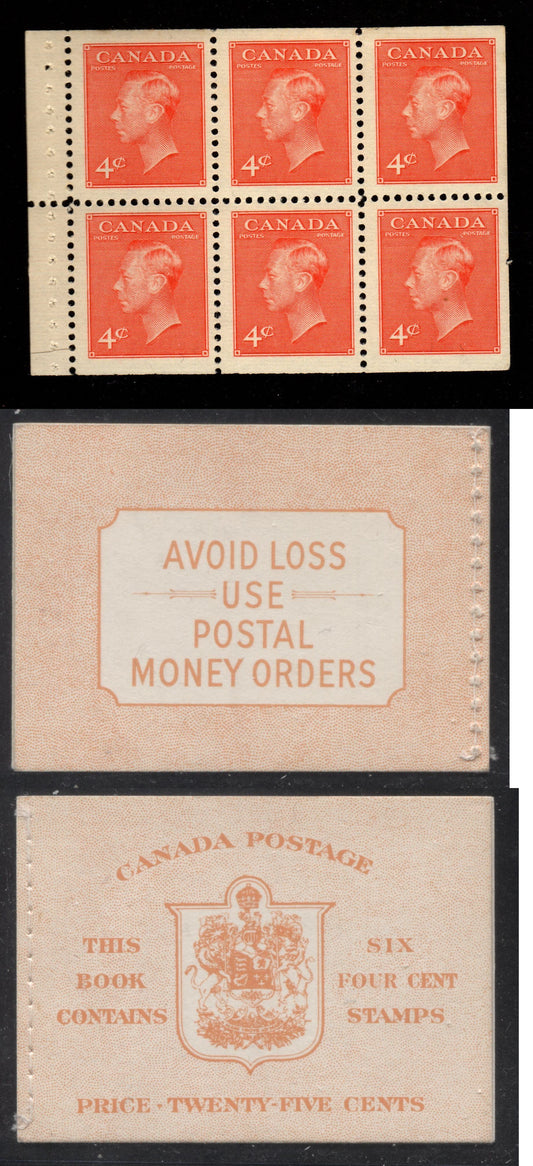 Canada #BK42b 1949-1953 Postes-Postage Issue Complete 25c, English Booklet Containing 1 Pane of 6 of the 4c Orange King George VI Harris Front Cover Type IIi , Back Cover Eiii, No Rate Page, Stitched Binding