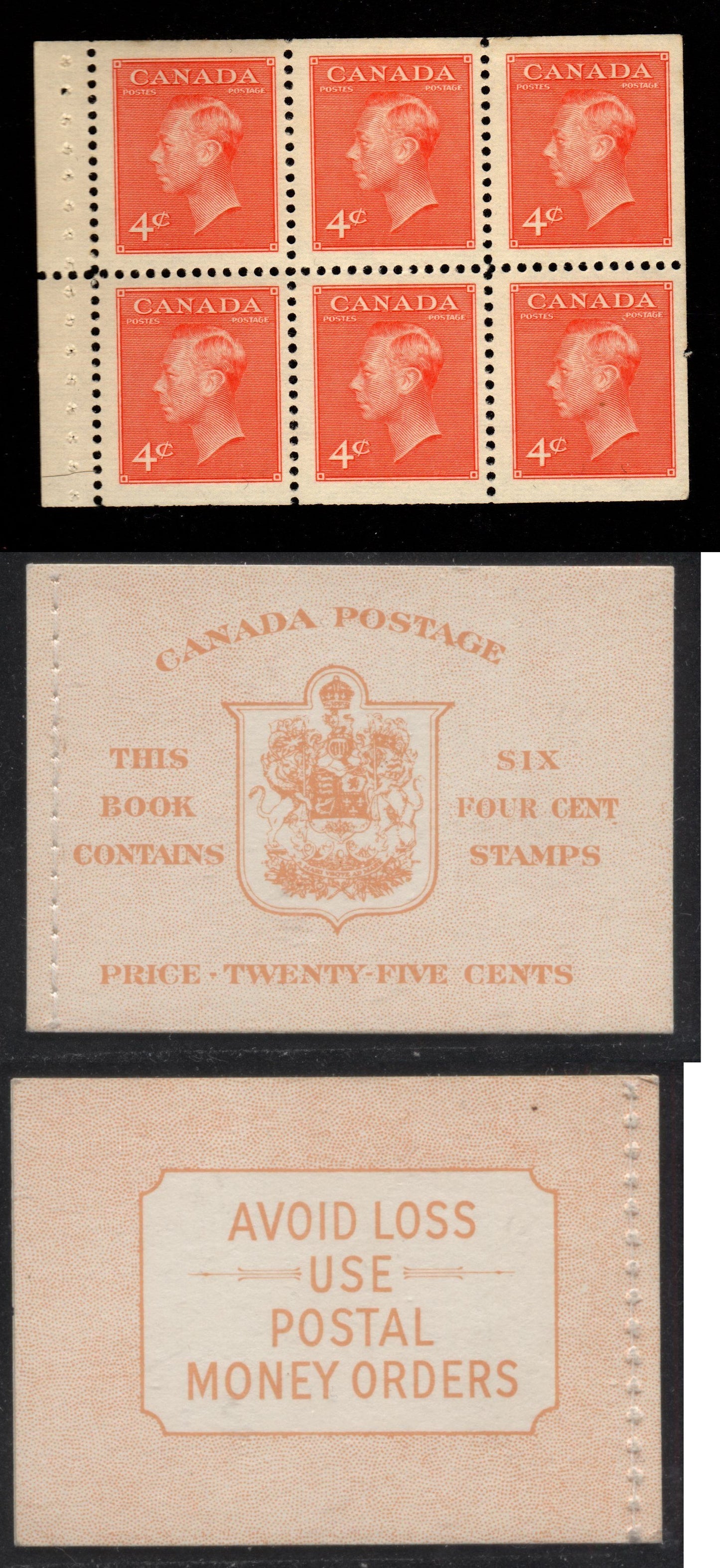 Canada #BK42b 1949-1953 Postes-Postage Issue Complete 25c, English Booklet Containing 1 Pane of 6 of the 4c Orange King George VI Harris Front Cover Type IIi , Back Cover Eii, No Rate Page, Stitched Binding Brixton Chrome 