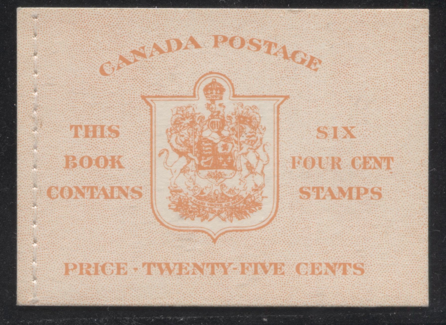 Canada #BK42b 1949-1953 Postes-Postage Issue Complete 25c, English Booklet Containing 1 Pane of 6 of the 4c Orange King George VI Harris Front Cover Type IIi , Back Cover Eii, No Rate Page, Stitched Binding Brixton Chrome 