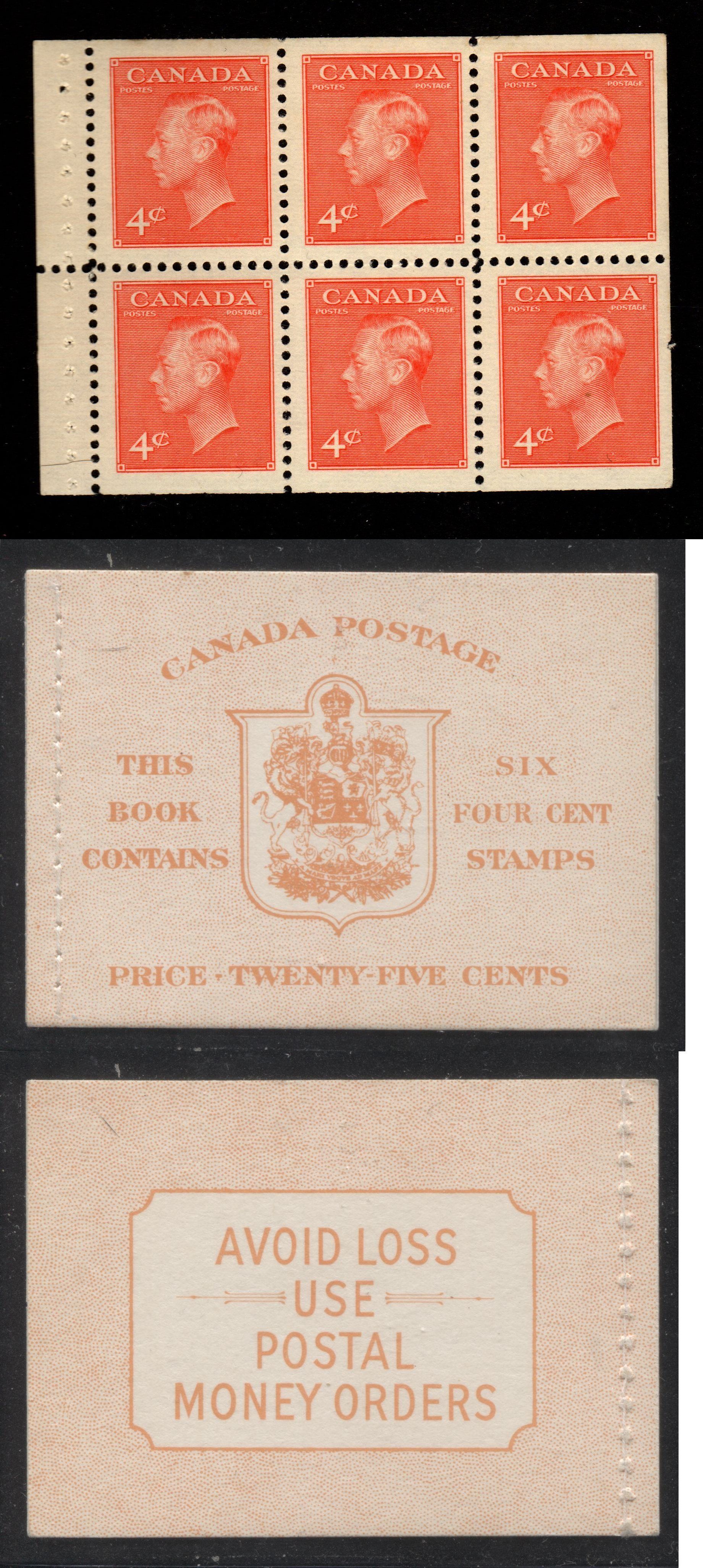 Canada #BK42b 1949-1953 Postes-Postage Issue Complete 25c, English Booklet Containing 1 Pane of 6 of the 4c Orange King George VI Harris Front Cover Type IIi , Back Cover Eiv, No Rate Page, Stitched Binding Brixton Chrome 