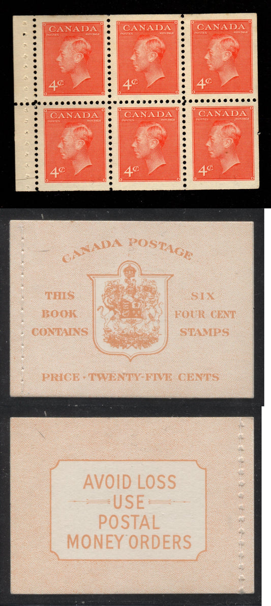 Canada #BK42b 1949-1953 Postes-Postage Issue Complete 25c, English Booklet Containing 1 Pane of 6 of the 4c Orange King George VI Harris Front Cover Type IIi , Back Cover Eiv, No Rate Page, Stitched Binding