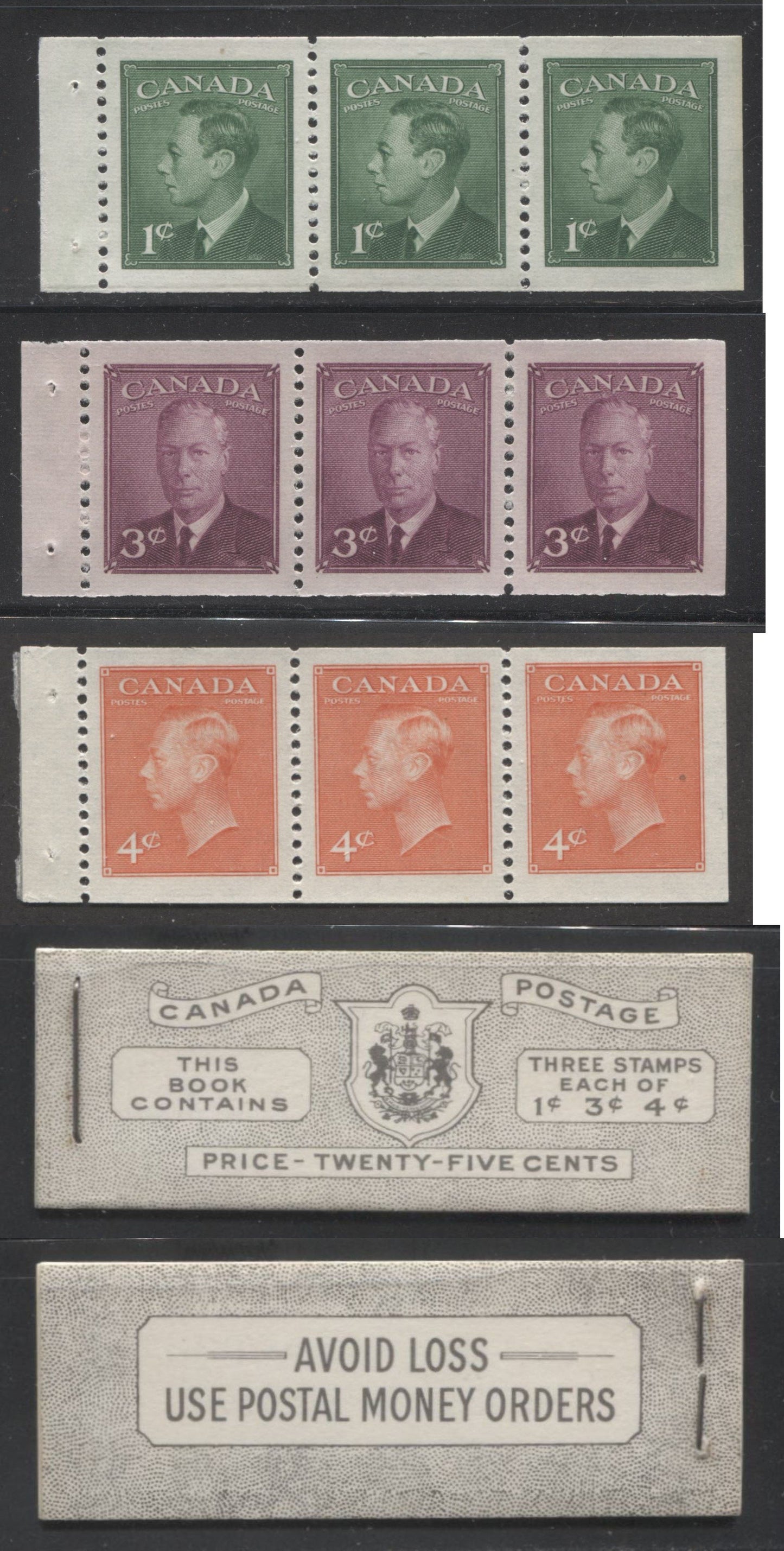 Canada #BK44 1949-1953 Postes-Postage Issue Complete 25c, English Booklet Containing 1 Pane of 3 of Each of the 1c Green, 3c Rose Purple and 4c Orange King George VI Harris Front Cover Type IVc , Back Cover Ii Brixton Chrome 