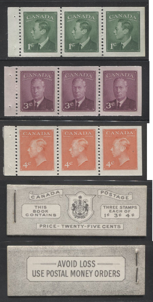 Canada #BK44 1949-1953 Postes-Postage Issue Complete 25c, English Booklet Containing 1 Pane of 3 of Each of the 1c Green, 3c Rose Purple and 4c Orange King George VI Harris Front Cover Type IVc , Back Cover Ii
