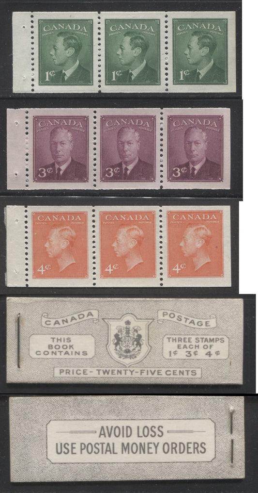 Canada #BK44 1949-1953 Postes-Postage Issue Complete 25c, English Booklet Containing 1 Pane of 3 of Each of the 1c Green, 3c Rose Purple and 4c Orange King George VI Harris Front Cover Type IVb , Back Cover Ii