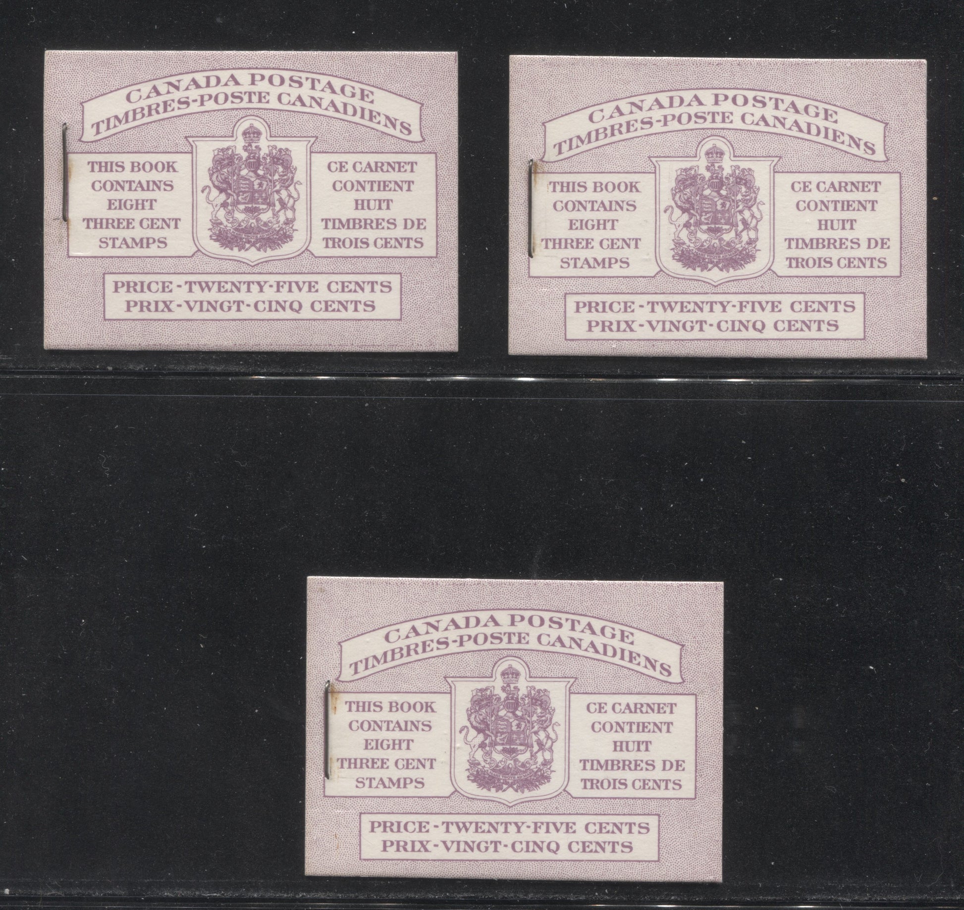 Canada #BK46 1953-1954 Karsh Issue Complete 25c, Bilingual Booklet Containing 2 Panes of 4 + 2 Labels of the 3c Cerise Queen Elizabeth II - Harris Cover Types IIIcGi, IIIdGi and IIIdGii Showing Horizontal Cutting Guidelines on the Front Cover Brixton Chrome 
