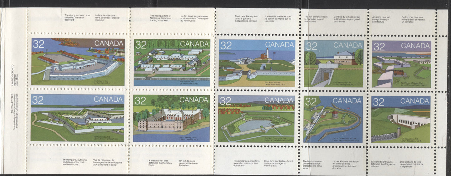 Canada #BK86 1983 Canadian Forts Issue, Complete $3.20 Booklet, Coated Abitibi Paper, Low Fluorescent Paper, 4 mm GT-2 Tagging Brixton Chrome 