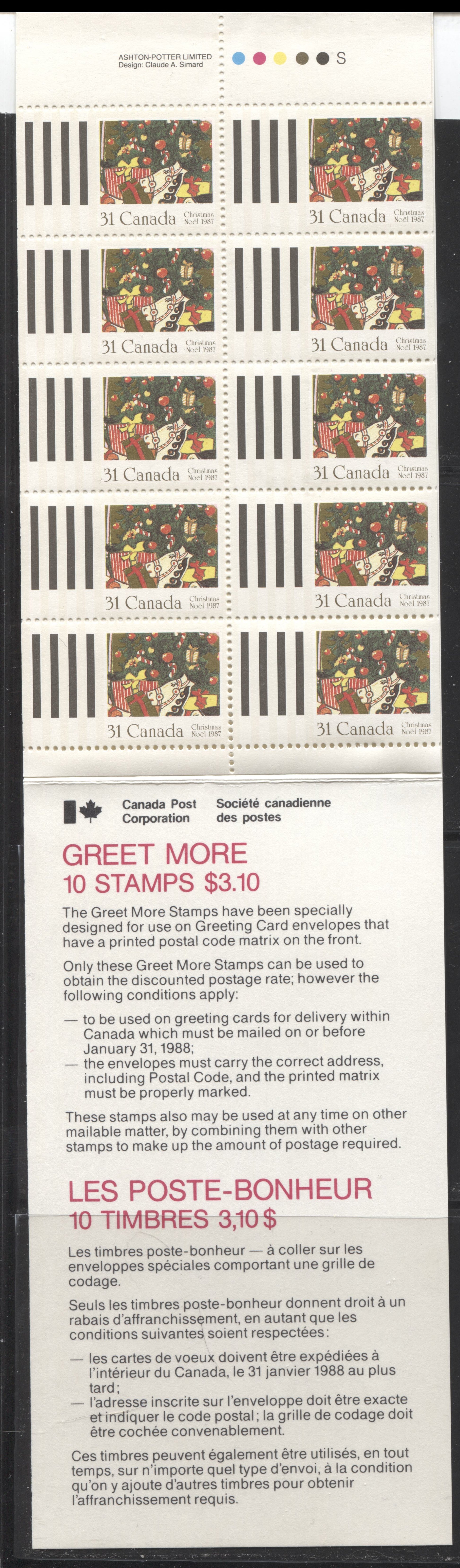 Canada #BK95a-c 1987 Christmas Issue, Complete $3.10 Booklet, Coated Slater Paper, Dull Paper, 4 mm GT-4 Tagging & 3-4 Extra Bars at Left Brixton Chrome 