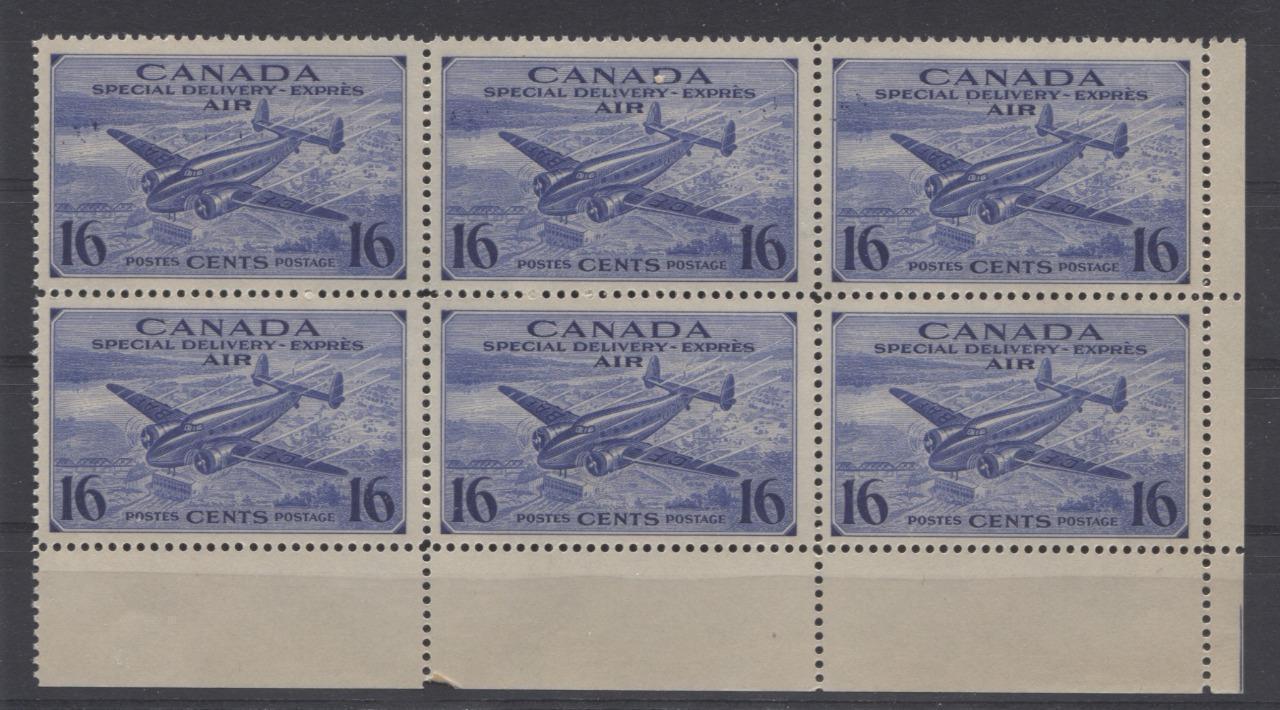 Canada #CE1 (SG#S13) 16c Deep Blue 1942 Air Mail Special Delivery LR Margin Block of 6 VF-75 NH Brixton Chrome 