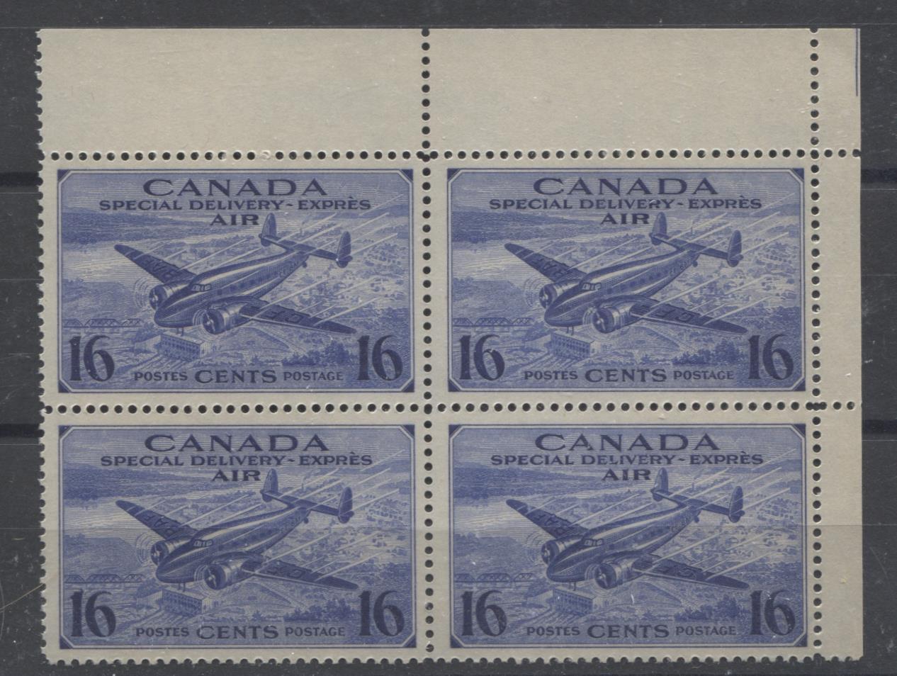 Canada #CE1 (SG#S13) 16c Deep Bright Ultramarine 1942 Air Mail Special Delivery UR Blank Block VF-75 NH Brixton Chrome 