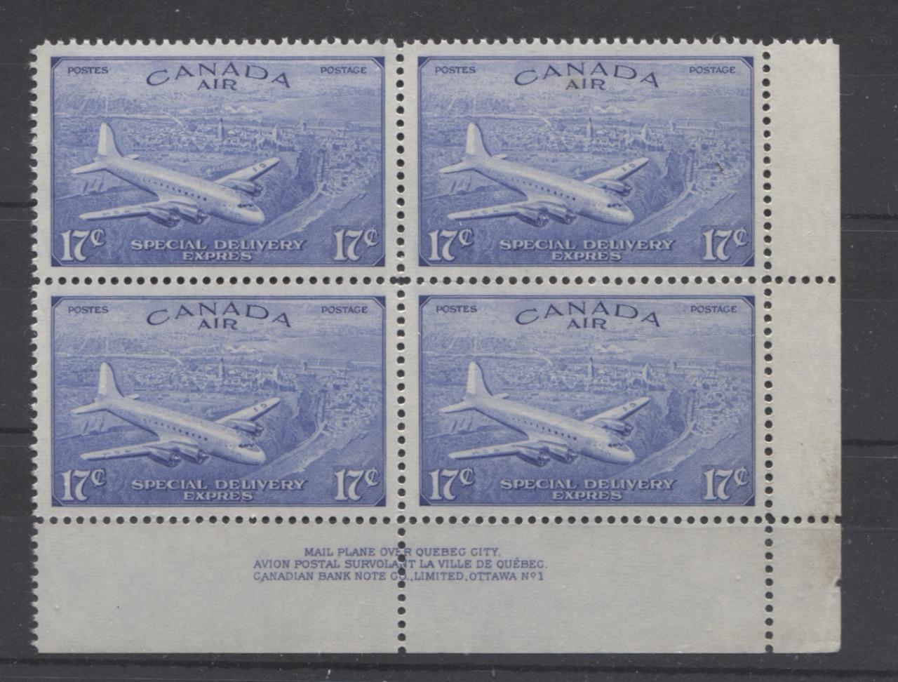 Canada #CE1 (SG#S16) 17c Deep Ultramarine 1946 Air Mail Special Delivery Plate 1 LR Block VF-84 NH Brixton Chrome 