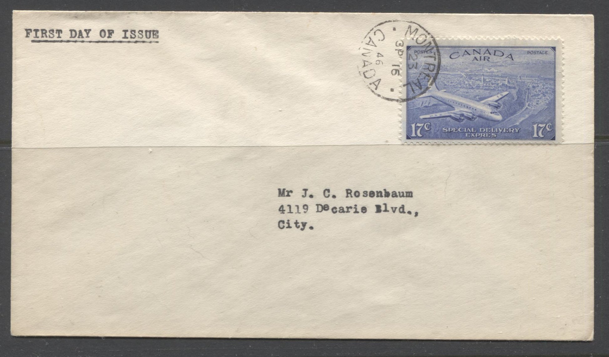 Canada #CE3 17c Deep Ultramarine 1946-1951 Peace Issue, Circumflex Accent, on Very Fine Addressed First Day Cover Brixton Chrome 