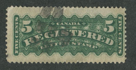 Canada #F2 (SG#R6) 5c Dark Green 1875-88 Registered Thick Paper VG-60 Used Brixton Chrome 