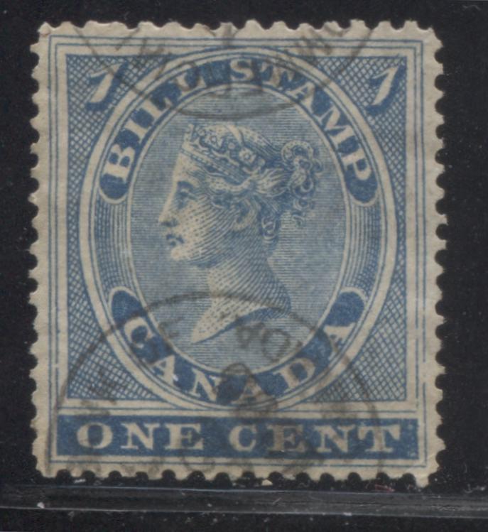 Canada #FB1 1c Blue Queen Victoria, 1864-1868 First Bill Issue, A Very Fine Used Example Showing Breaks in the Right Frameline Brixton Chrome 