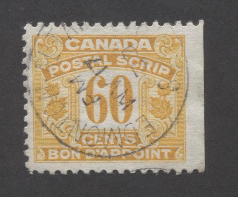 Canada #FPS37 60c Orange Yellow , 1932-1948 First Postal Scrip Issue A Very Fine Right Sheet Margin Single With May 17, 1962 Edmonton CDS, Showing Reversed Date Indica Brixton Chrome 