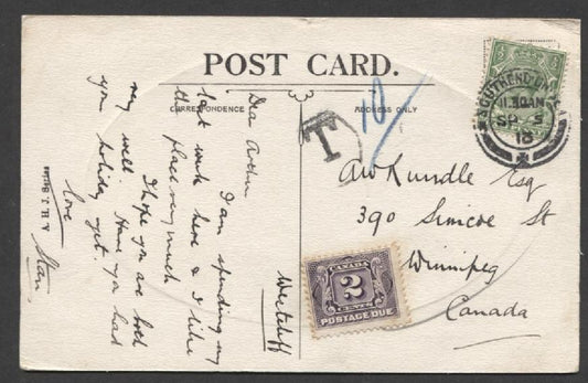 Canada #J2 (SG#D3) 2c Blackish Lilac Postage Due on 1913 Postcard from UK - XF-85 Brixton Chrome 