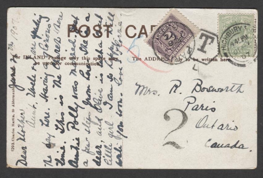 Canada #J2 (SG#D3) 2c Blackish Purple Postage Due on 1907 Postcard from UK - VF-81 Brixton Chrome 