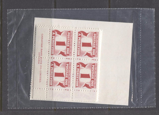 Canada #J28i (SG#D32a) 1c Carmine Red 1973 Centennial Postage Due LF Sealed Pack Of Inscription Blocks VF-75 NH Brixton Chrome 