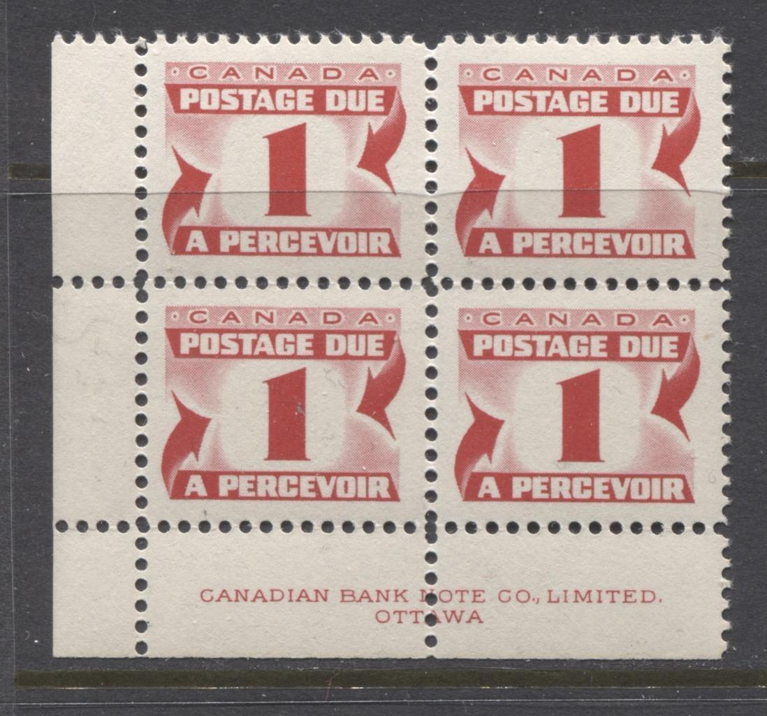 Canada #J28ii (SG#D32a) 1c Carmine Red 1973 Centennial Postage Due Ribbed LV LL Block VF-80 NH Brixton Chrome 