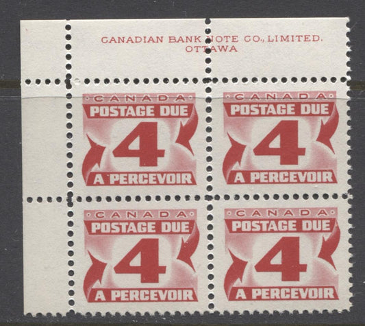 Canada #J31ii (SG#D35a) 4c Carmine Red 1973 Centennial Postage Due Ribbed LF Paper GW UL Block VF-80 NH Brixton Chrome 