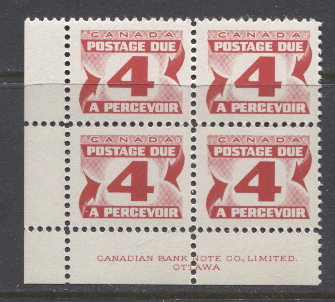 Canada #J31ii (SG#D35a) 4c Carmine Red 1973 Centennial Postage Due Ribbed LF Paper LV LL Block VF-75 NH Brixton Chrome 
