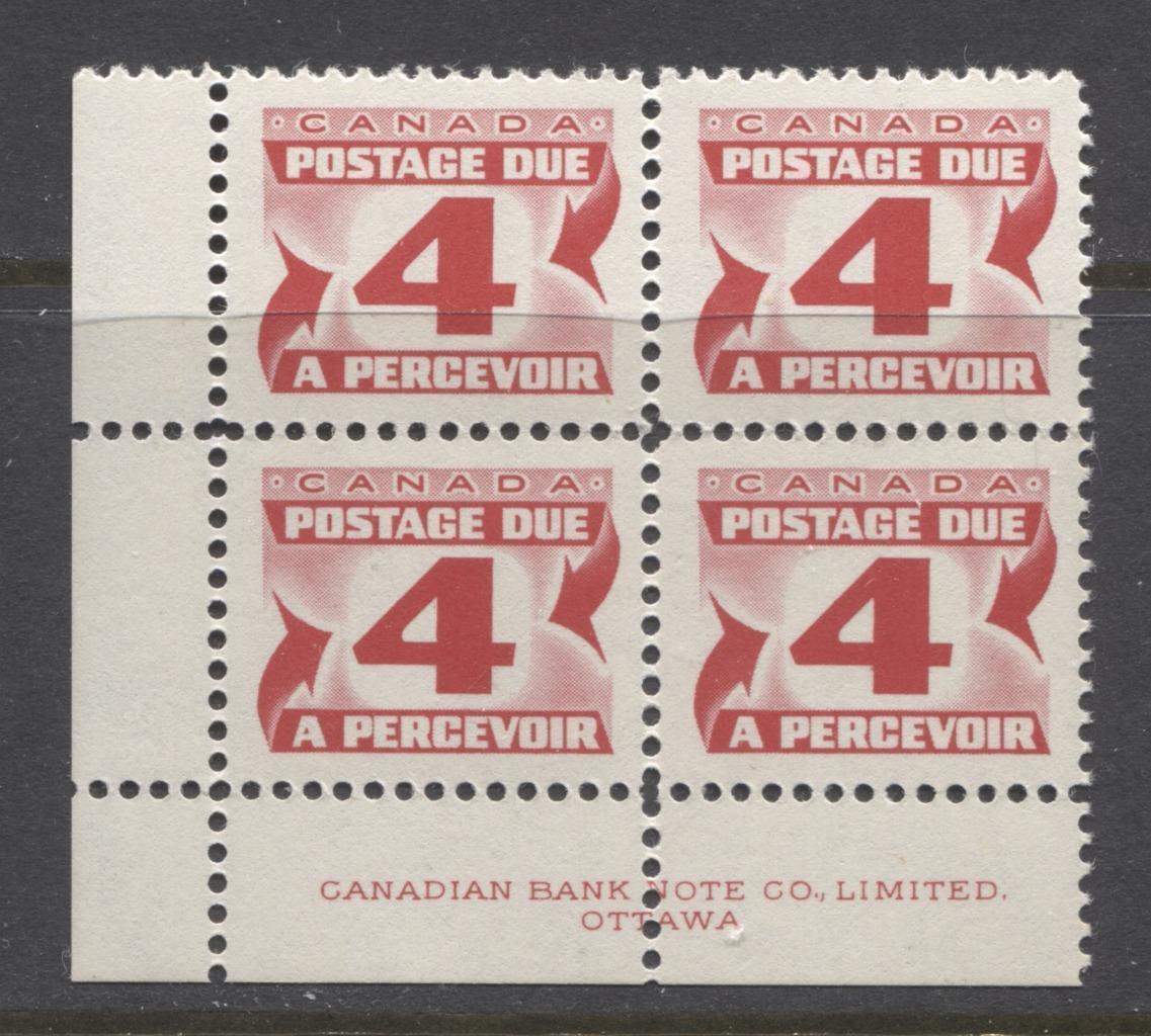 Canada #J31ii (SG#D35a) 4c Carmine Red 1973 Centennial Postage Due Ribbed LF Paper LV LL Block VF-80 NH Brixton Chrome 