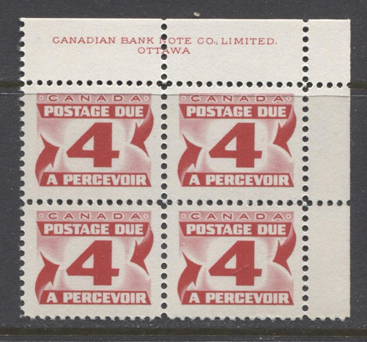 Canada #J31iii (SG#D35b)4c Carmine Red 1973 Centennial Postage Due Ribbed HB Paper UR Block F-70 NH Brixton Chrome 