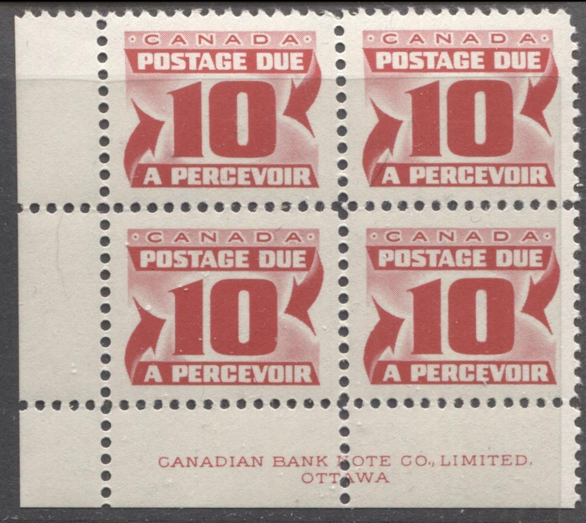 Canada #J35iii (SG#D39a) 10c Carmine Red 1973 Centennial Postage Due SF GW Paper LL Block VF-80 NH Brixton Chrome 
