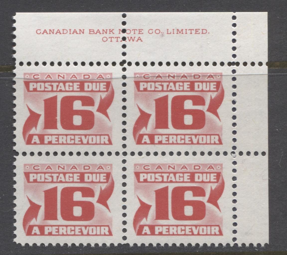 Canada #J37ii (SG#D41) 16c Rose Red 1973 Centennial Postage Due LF Paper UR Block VF-75 NH Brixton Chrome 