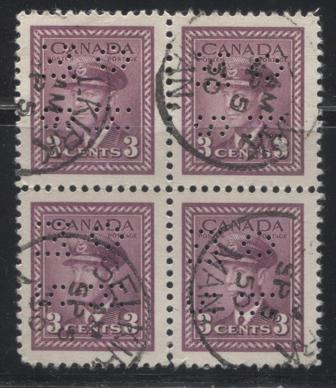 Canada #O252 3c Rose Purple King George VI, 1942-1949 War Issue, A Very Fine Used Block of the 4-Hole OHMS Perfin, Type 1 Brixton Chrome 