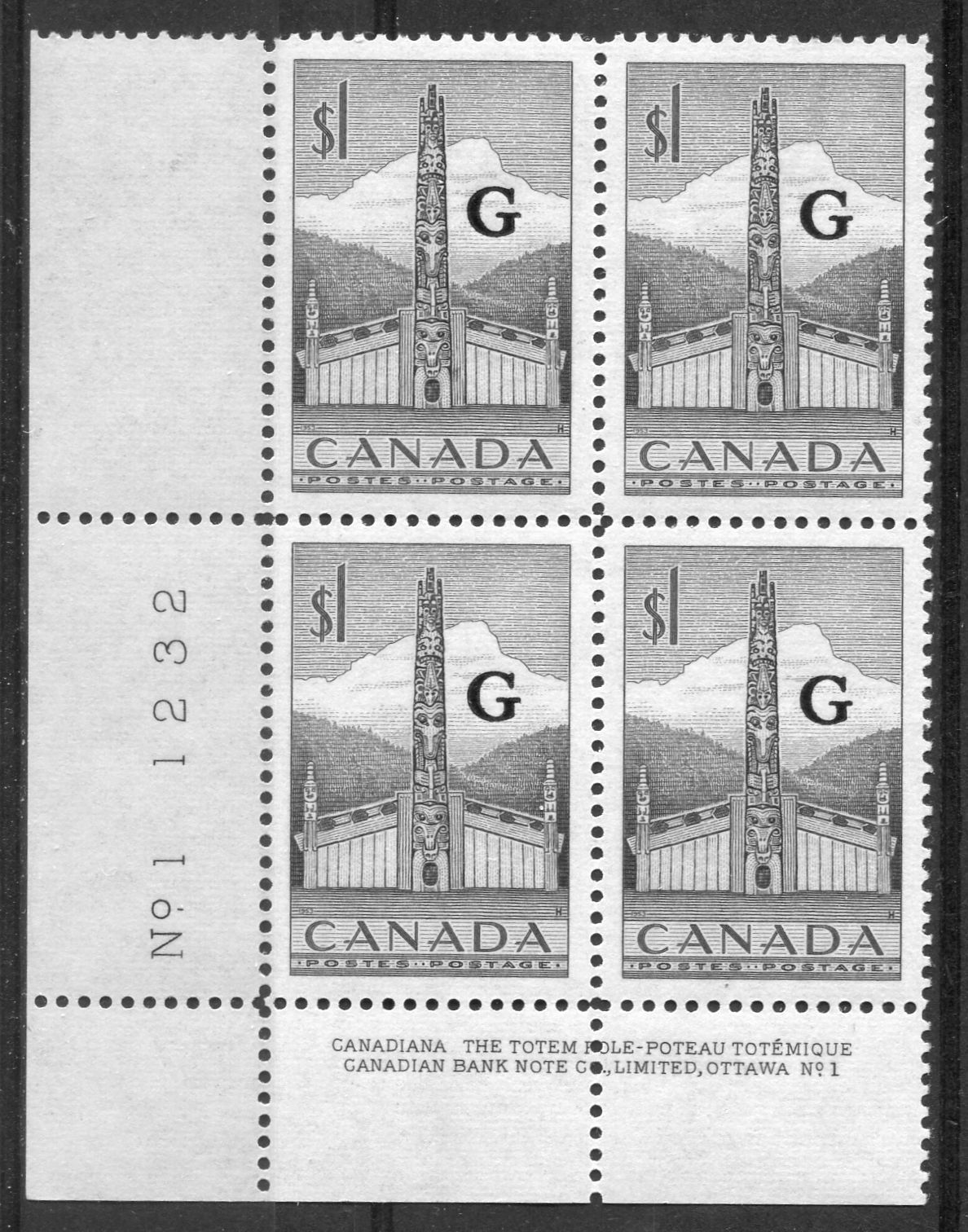 Canada #O32 (SG#O195) $1 Grey Totem Pole 1953 Karsh Issue Plate 1 LL "G" Overprint VF-79 NH Brixton Chrome 