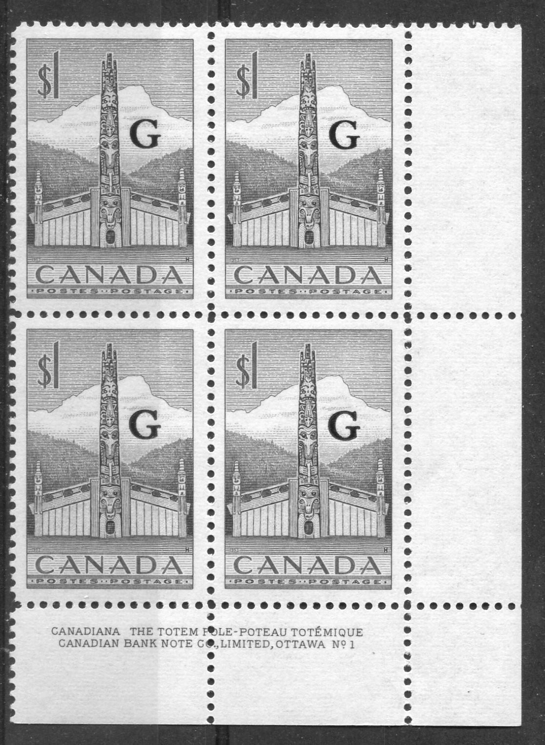 Canada #O32 (SG#O195) $1 Grey Totem Pole 1953 Karsh Issue Plate 1 LR "G" Overprint VF-80 NH Brixton Chrome 
