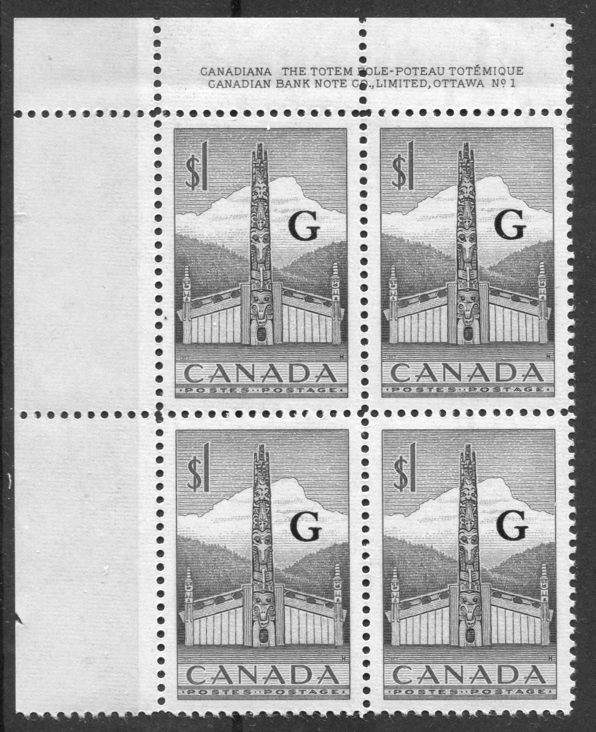 Canada #O32 (SG#O195) $1 Grey Totem Pole 1953 Karsh Issue Plate 1 UL "G" Overprint VF-84 NH Brixton Chrome 