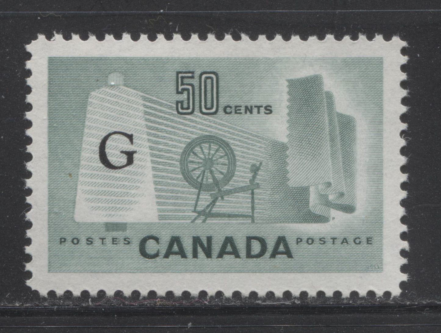 Canada #O38a 50c Pale Milky Green, Textile Industry, 1953-1954 Karsh Official G Overprinted Issue, A Single of the Flying G Overprint Showing Retouch in Lower Left Corner, Perf. 11.9, DF Smooth Paper, Smooth Cream Gum With a Semi-Gloss Sheen, VFNH Brixton Chrome 