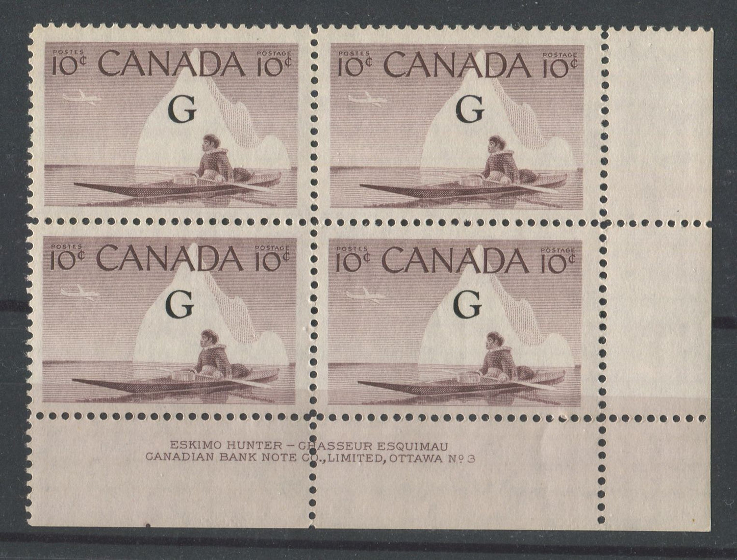 Canada #O39a (SG#O206a) 10c Inuk & Kayak 1954-62 Wilding Issue Plate 3 Flying G LR DF Gr. Ribbed Paper F-73 NH Brixton Chrome 