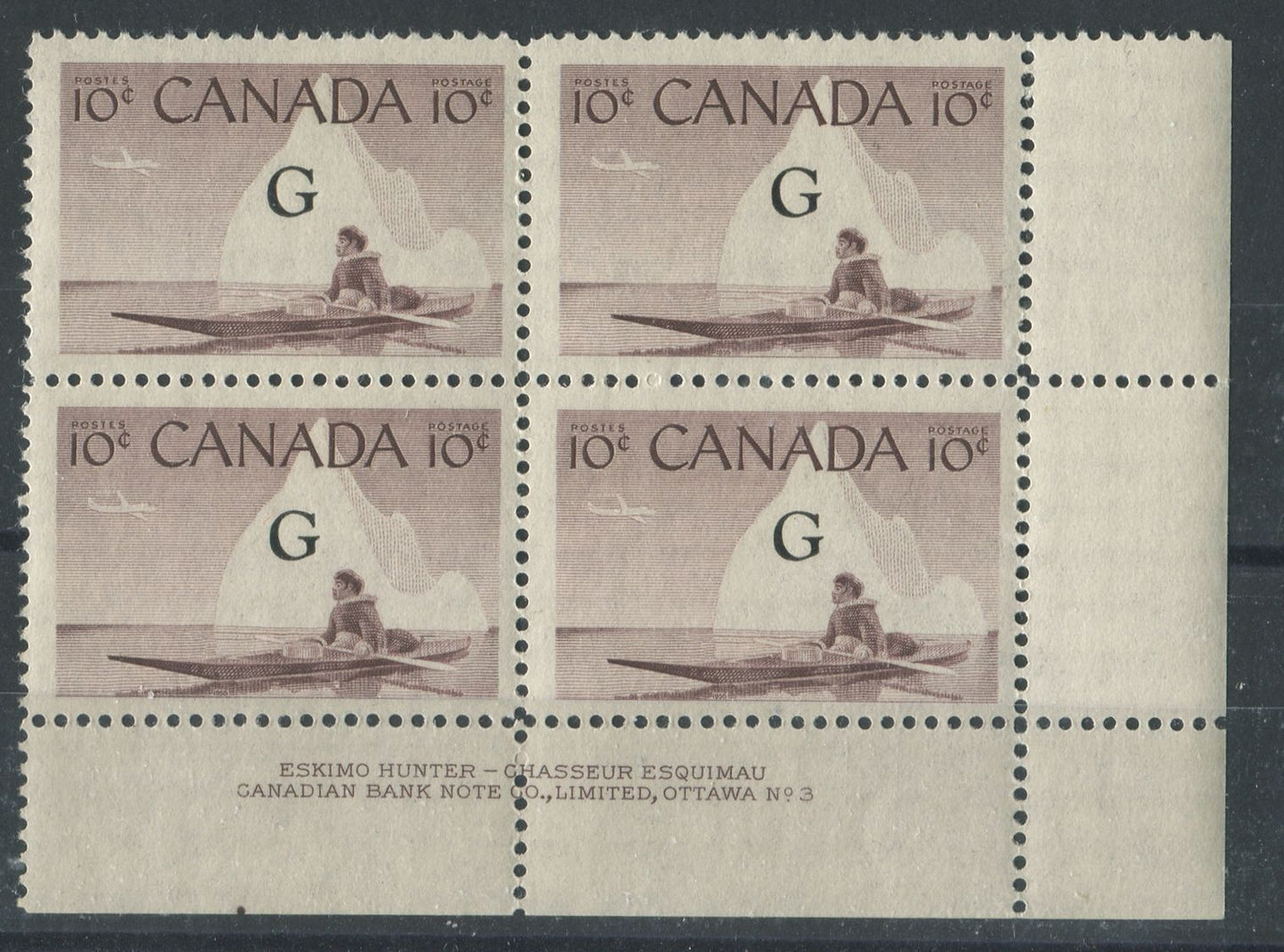 Canada #O39a (SG#O206a) 10c Inuk & Kayak 1954-62 Wilding Issue Plate 3 Flying G LR DF Iv. Ribbed Paper F-70 NH Brixton Chrome 