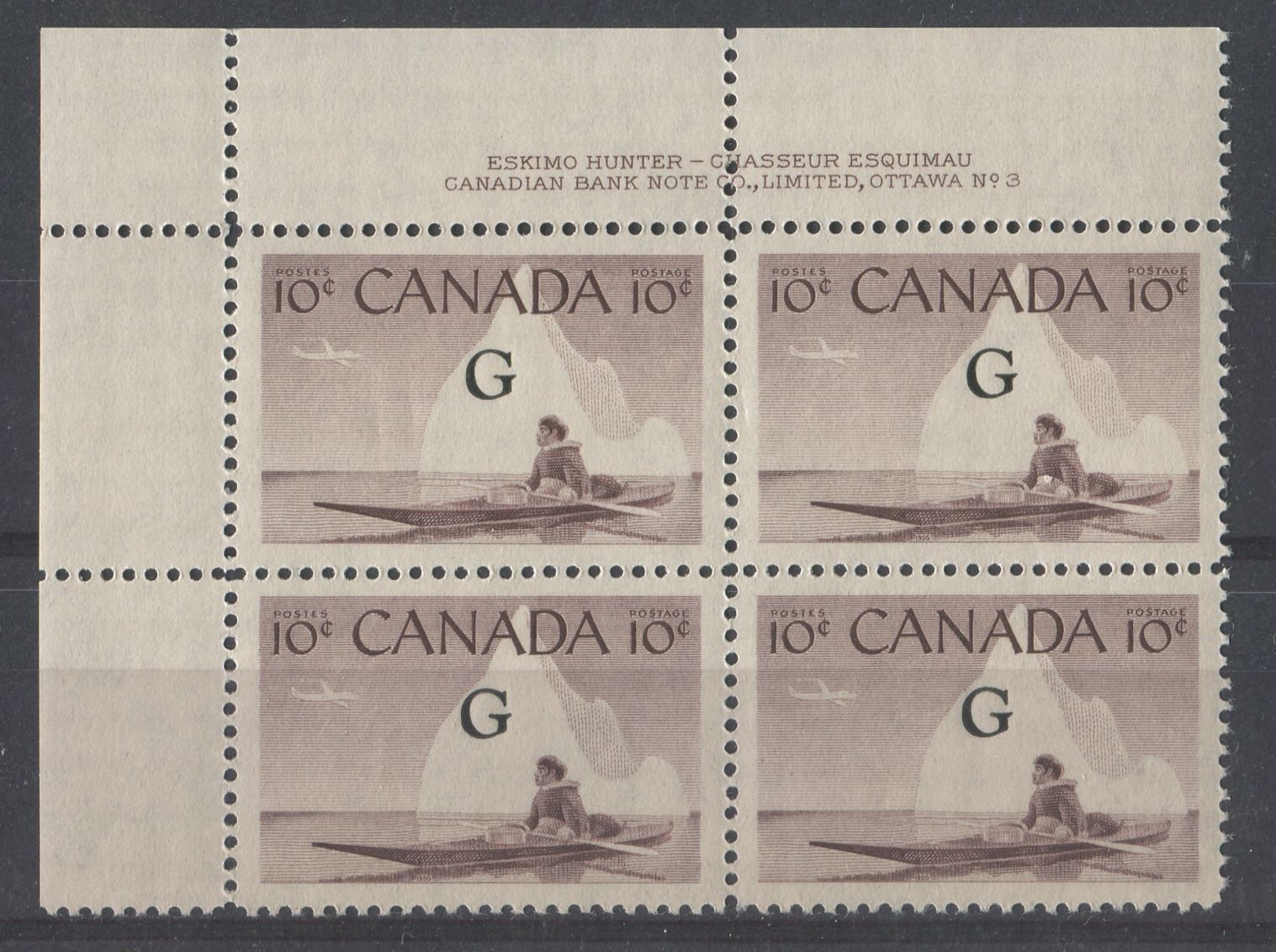 Canada #O39a (SG#O206a) 10c Inuk & Kayak 1954-62 Wilding Issue Plate 3 UL Flying G DF GW Ribbed Paper VF-80 NH Brixton Chrome 