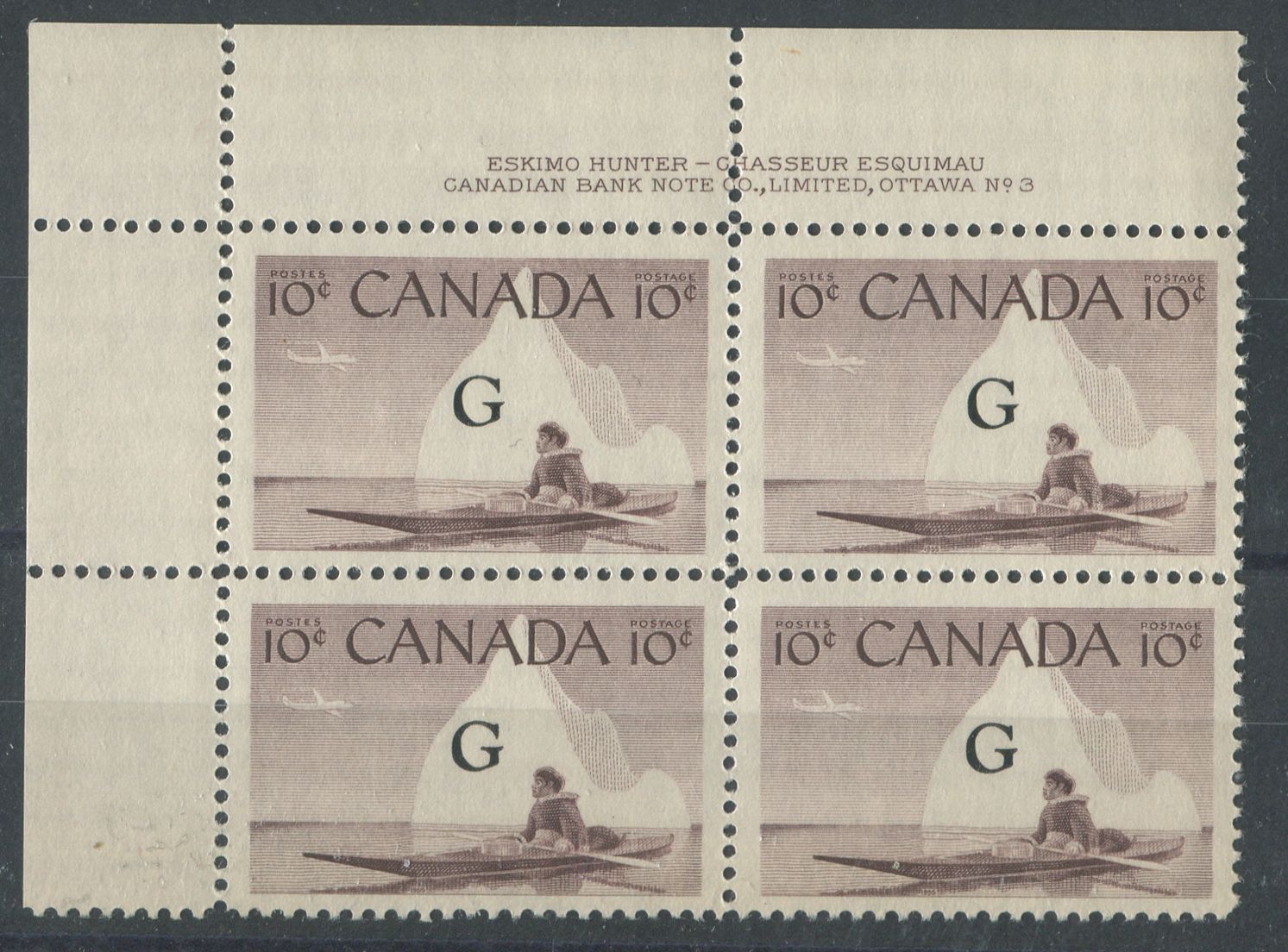 Canada #O39a (SG#O206a) 10c Inuk & Kayak 1954-62 Wilding Issue Plate 3 UL Flying G DF Iv Ribbed Paper VF-75 NH Brixton Chrome 