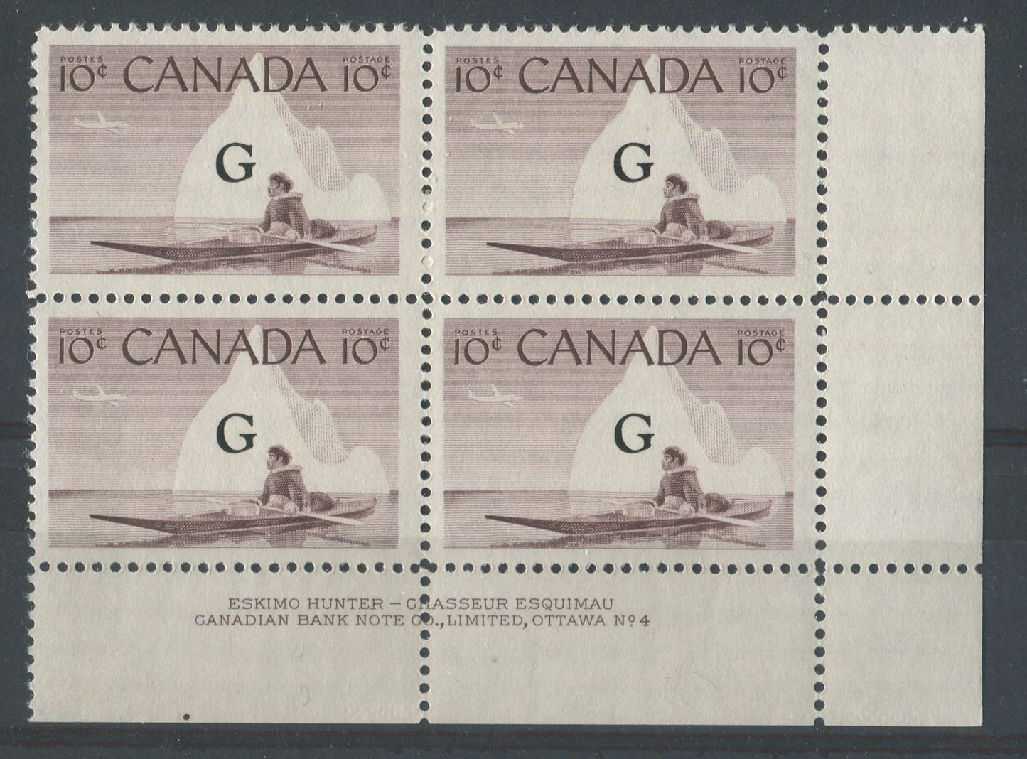 Canada #O39a (SG#O206a) 10c Inuk & Kayak 1954-62 Wilding Issue Plate 4 Flying G LR DF Iv Smooth Paper F-70 NH Brixton Chrome 