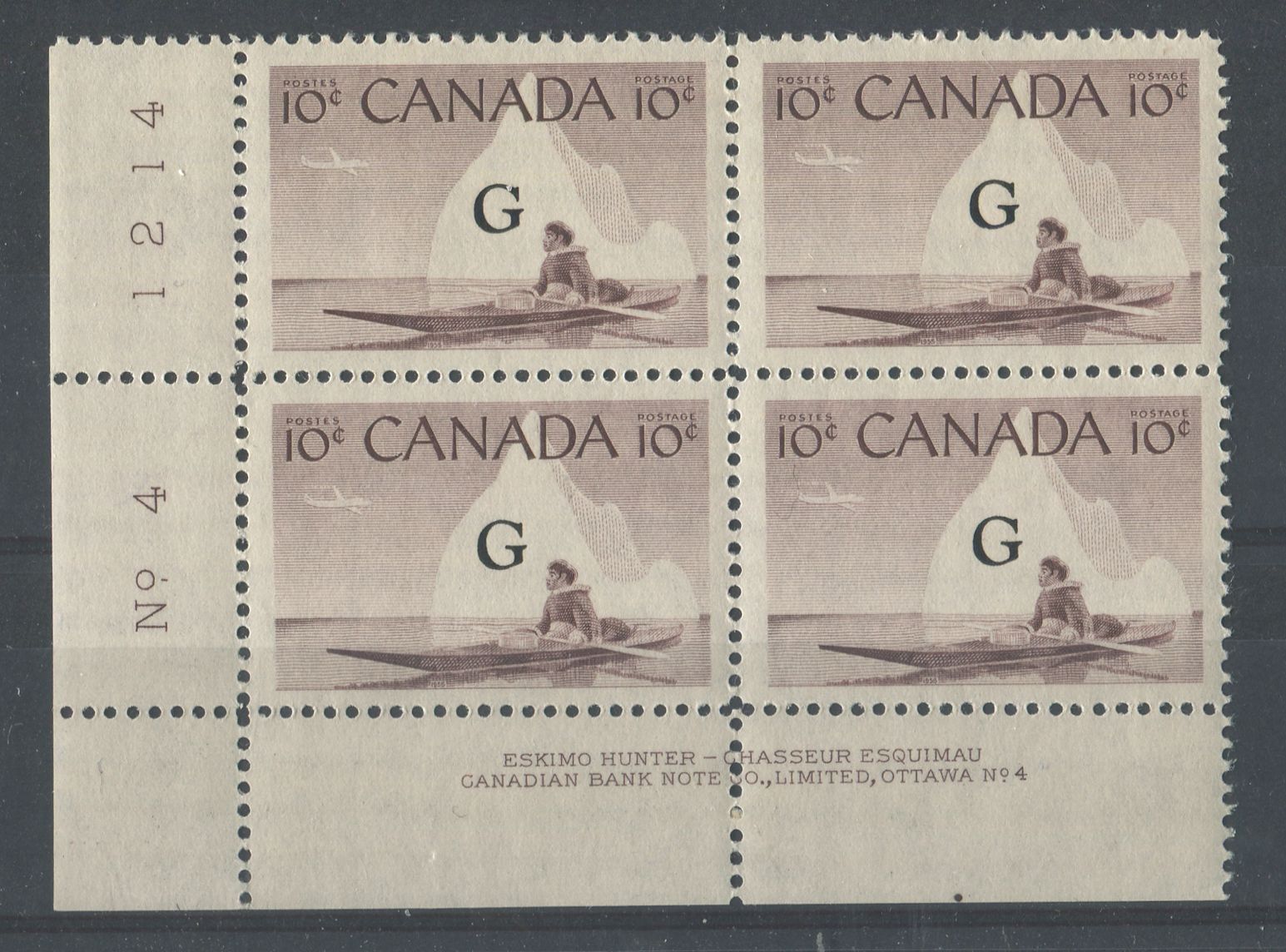 Canada #O39a (SG#O206a) 10c Inuk & Kayak 1954-62 Wilding Issue Plate 4 LL Flying G Overprint DF GW Smooth Paper VF-80 NH Brixton Chrome 